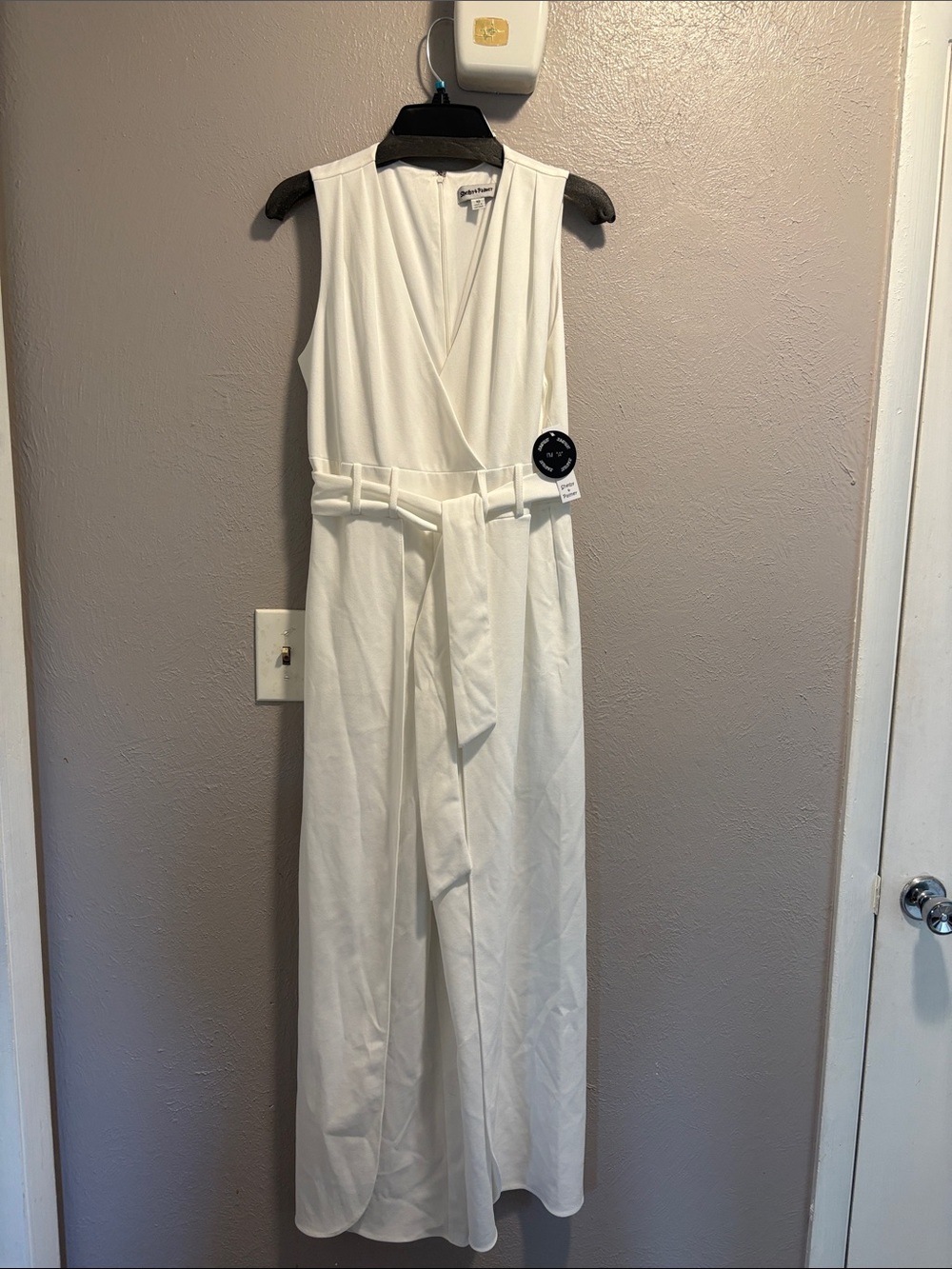 Shelby & Palmer White Sleeveless Wrap Jumpsuit with Self-Tie Belt